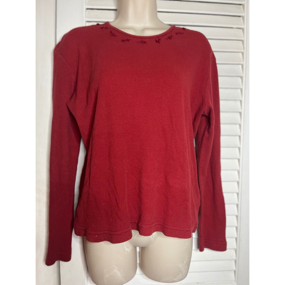 Vtg Susan Bristol Red Waffle Knit Long Sleeve Top Rose Embellished Neckline M
